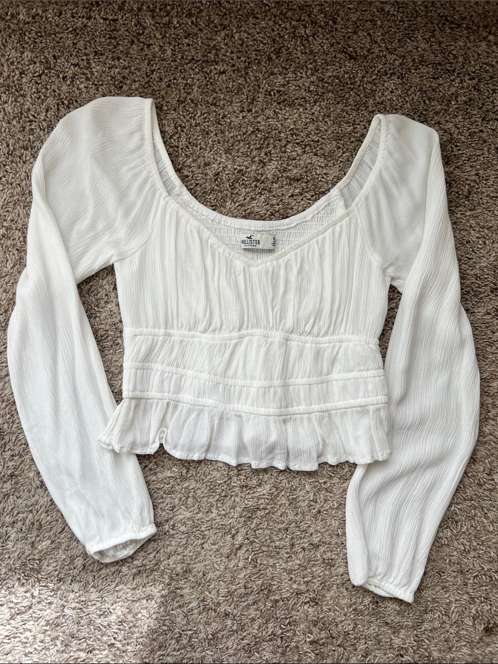 Hollister Cream Textured Peasant Smocked Waist Top
